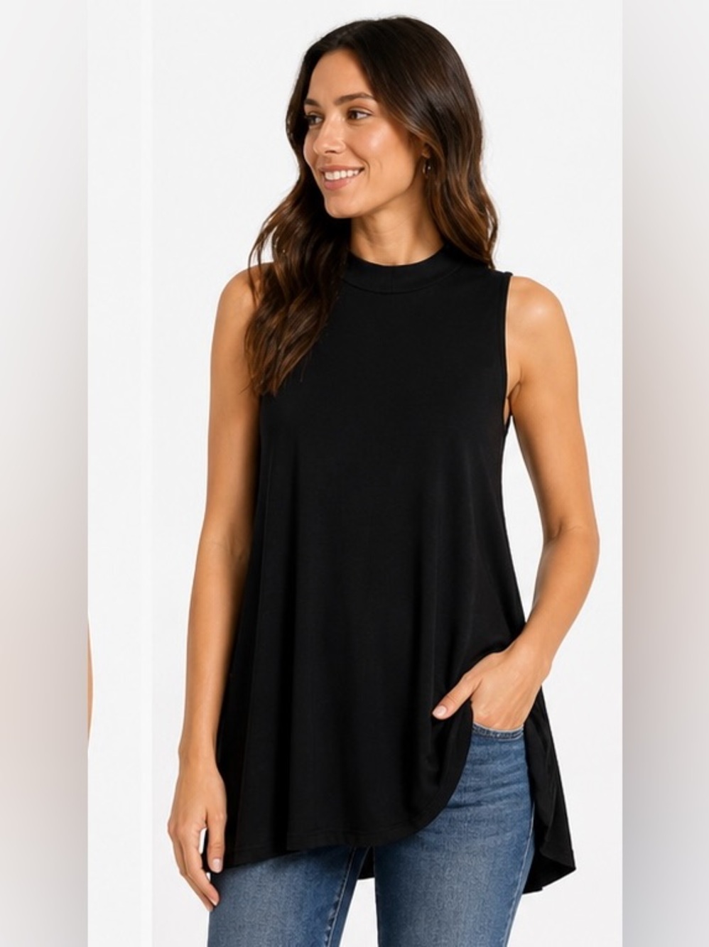 NWT Sun & Shadow Black Sleeveless Mock Neck Top M Stretch Minimalist Flowy Shirt